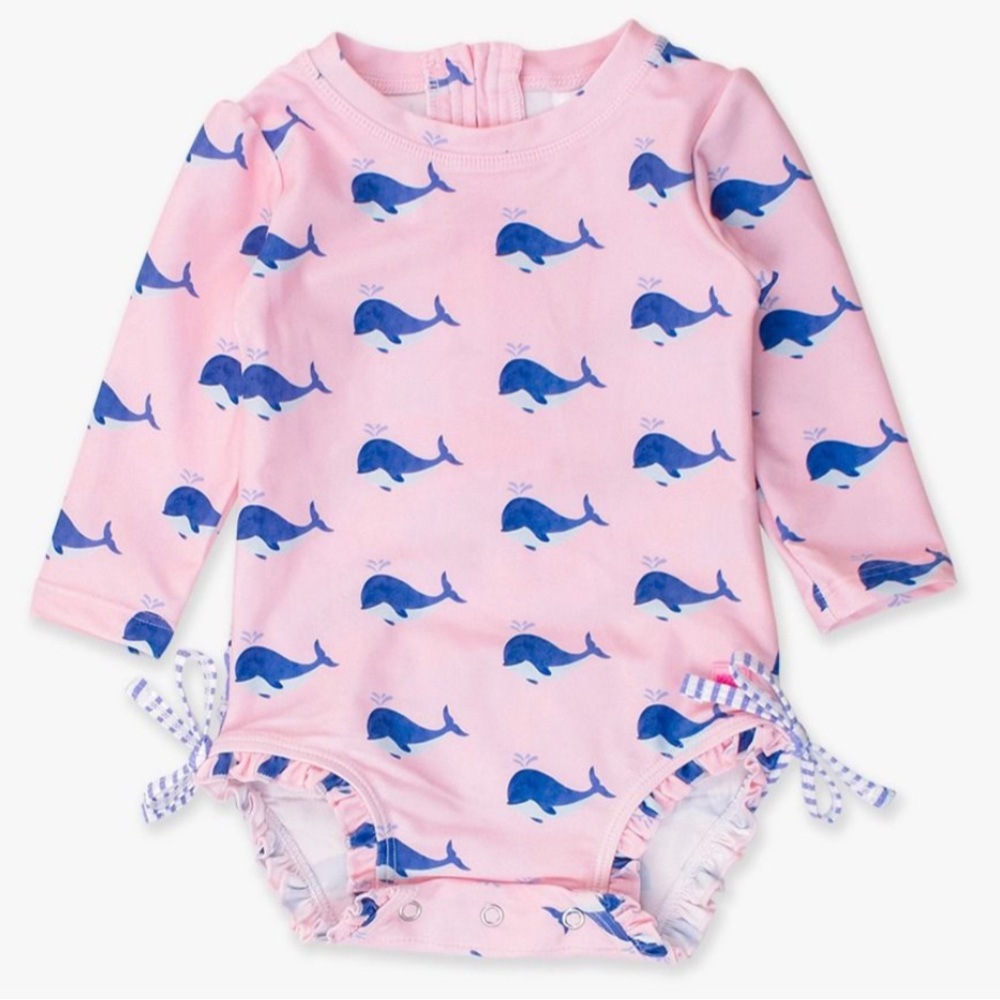 Rufflebutts Novelty Long Sleeve One Piece Rash Guard Swim Suit with Ruffles